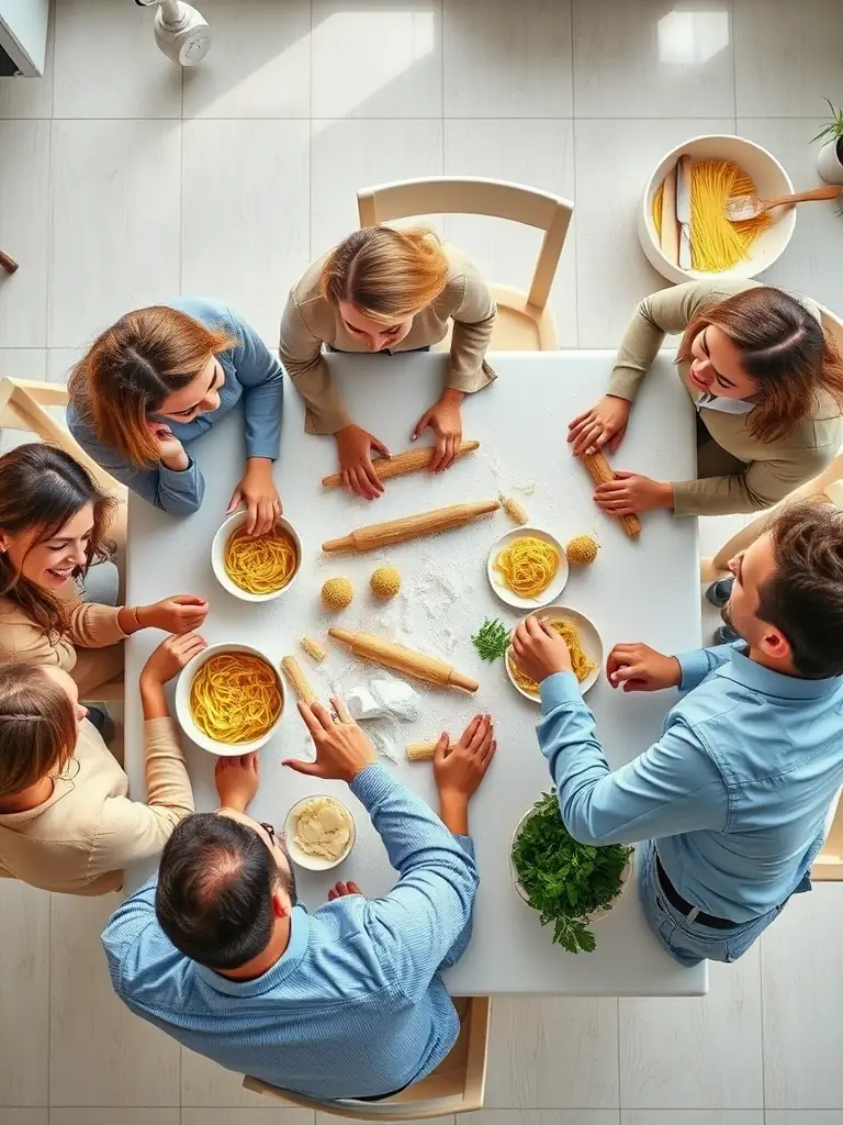 A group of corporate employees laughing and interacting while participating in a pasta-making workshop, flour dusting their faces, set in a bright, modern kitchen.