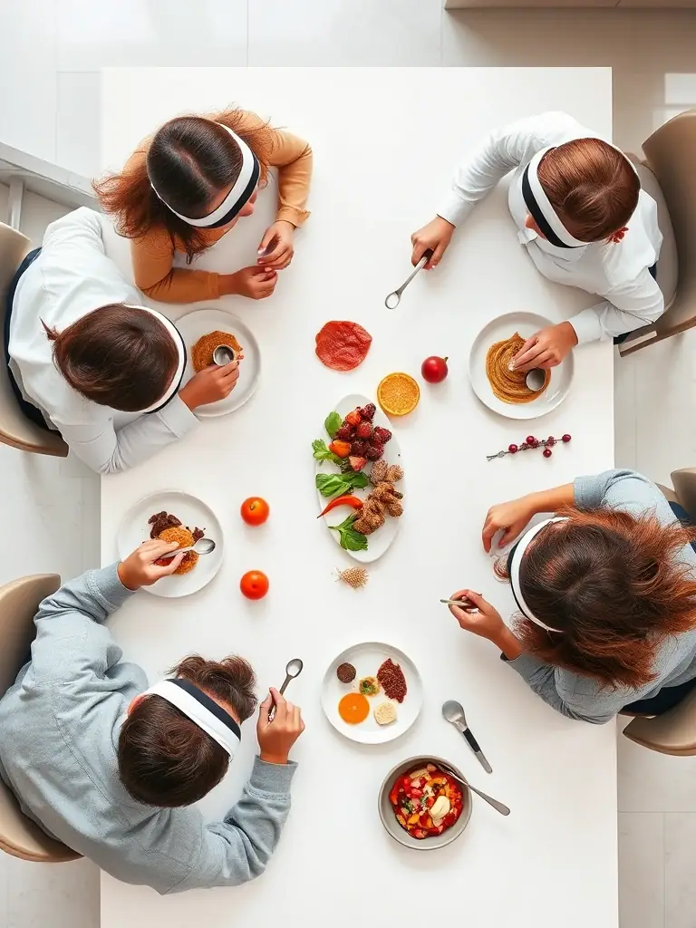 A corporate team participating in a blind taste test, with blindfolds on and various food samples in front of them, creating a fun and engaging team-building activity.