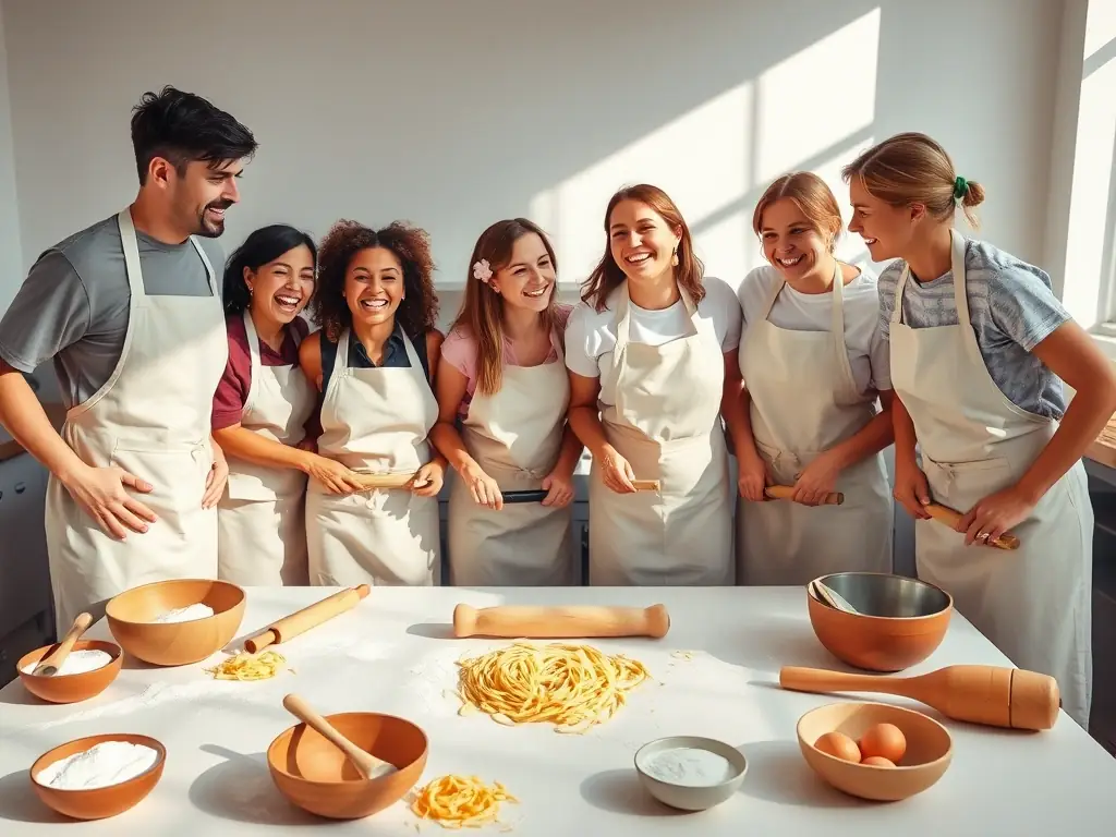 A group of corporate employees laughing and cooking together during a pasta-making workshop at Smak i Pasja, Warsaw. The atmosphere is bright and cheerful, with fresh ingredients and cooking utensils visible on the counter.
