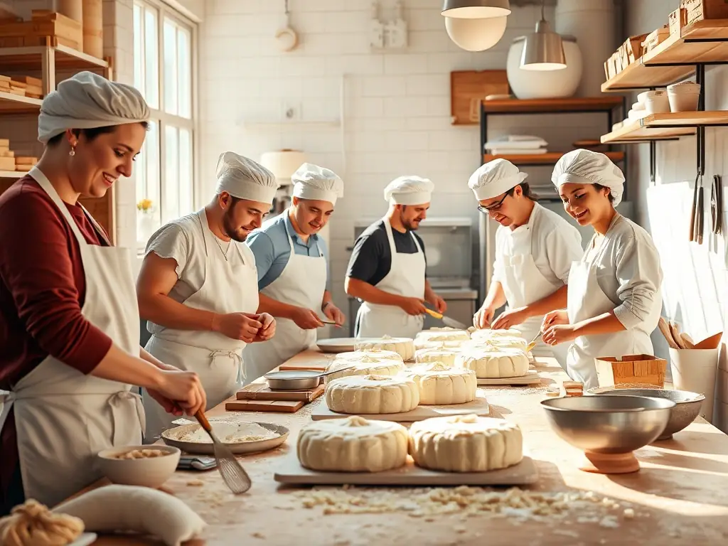A team of professionals participating in a baking competition during a corporate event at Smak i Pasja, Warsaw. They are decorating cakes and pastries, showcasing their creativity and teamwork.