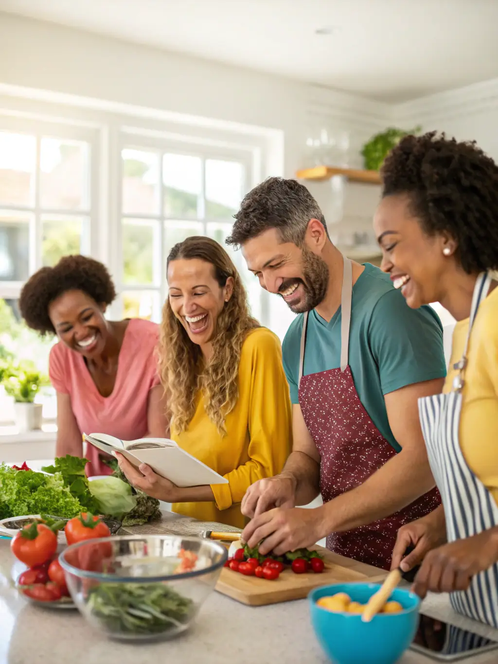 A vibrant photo capturing a group of participants joyfully engaged in a pasta-making workshop, flour dusting their aprons, set in a brightly lit, modern kitchen studio.