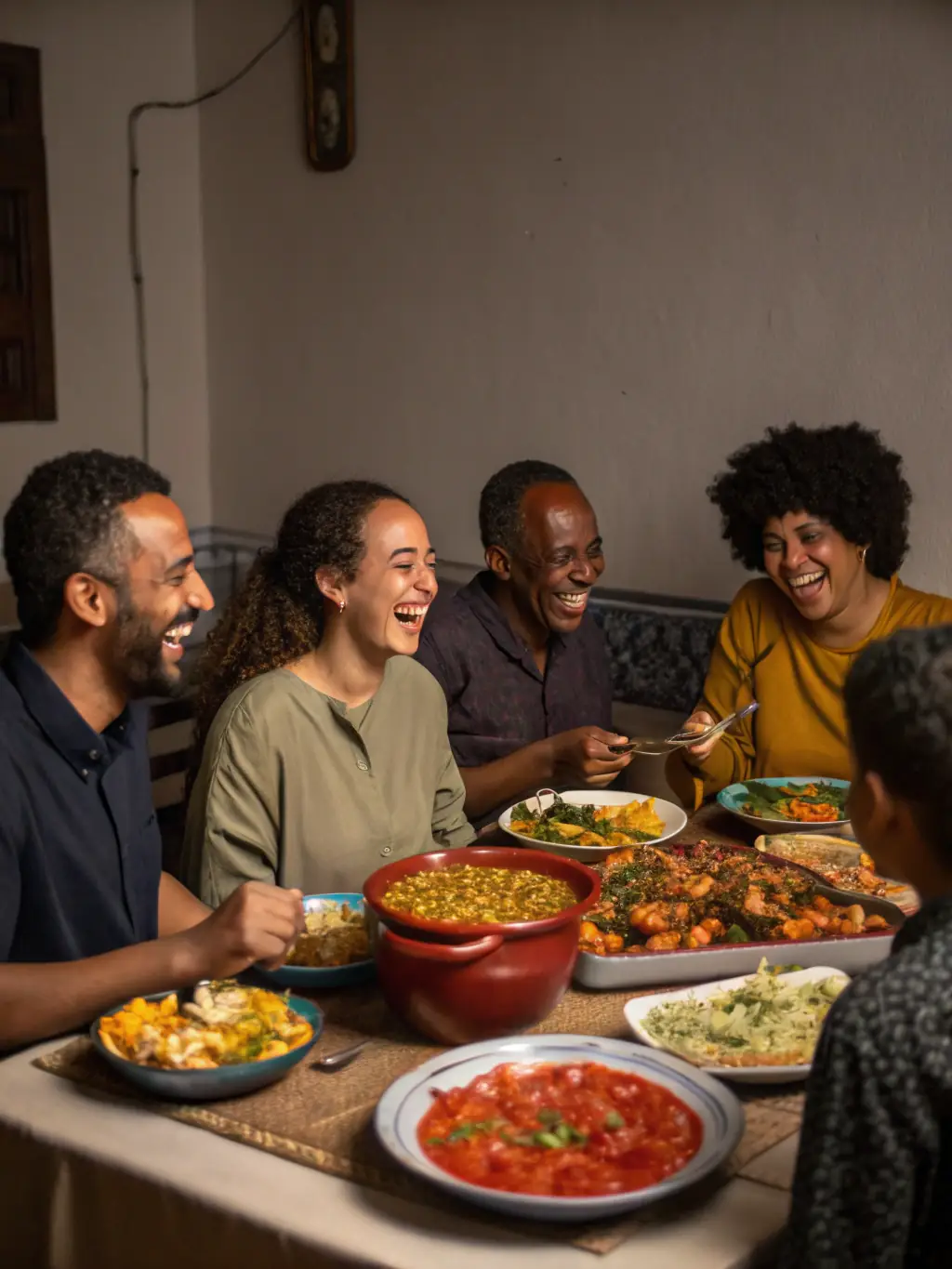A photo of a group of people laughing and enjoying a meal together after a cooking workshop, showcasing the social and enjoyable aspect of the experience.