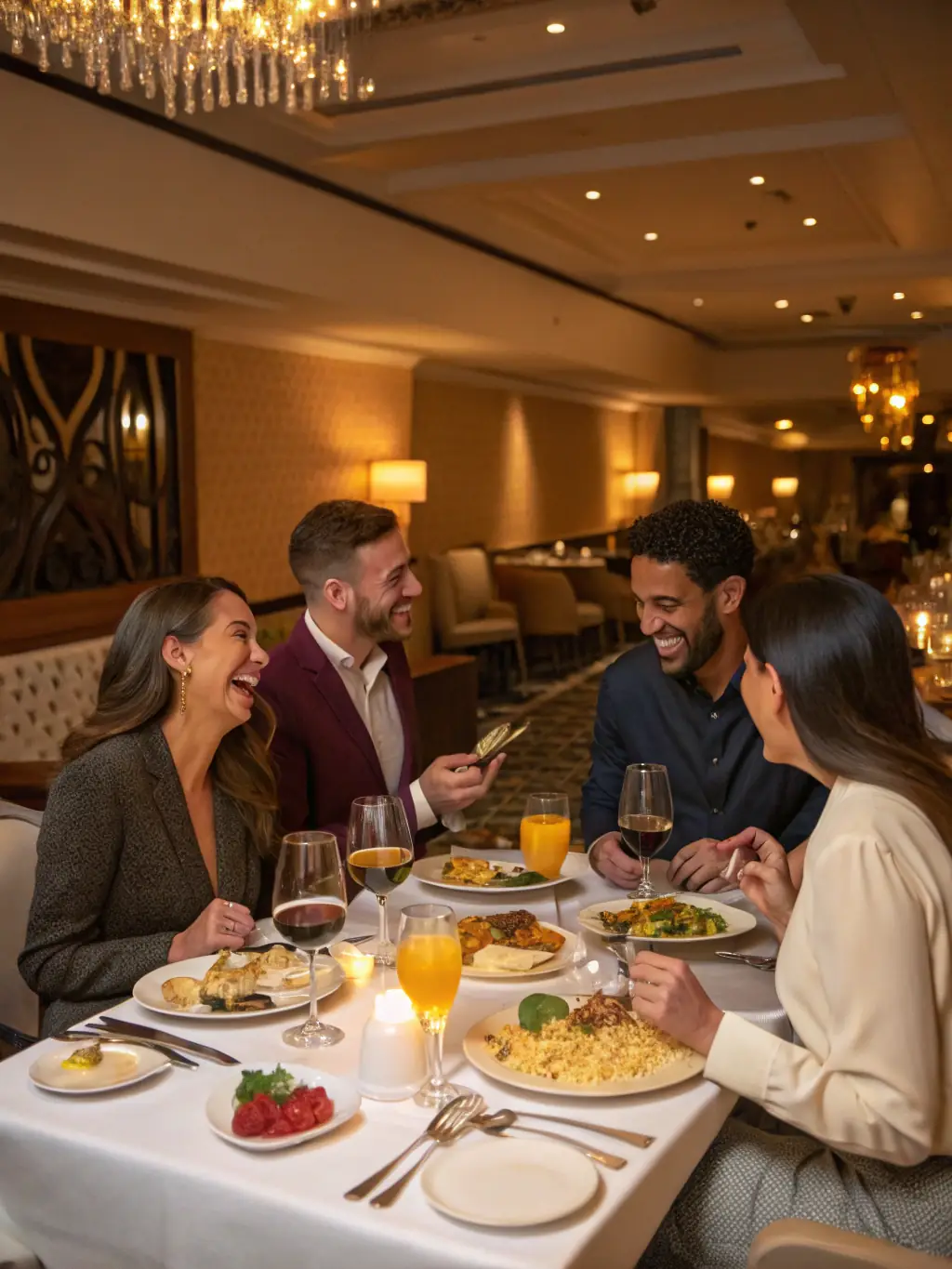 A group of colleagues enjoying a beautifully arranged meal they prepared together during a corporate cooking event, set in an elegant dining space.