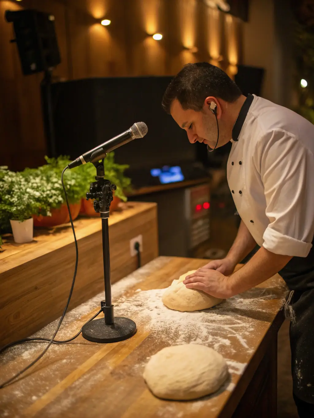 A dynamic image of chefs instructing participants on how to properly knead and shape pizza dough during an Italian cuisine workshop, highlighting the hands-on experience and the use of fresh ingredients.