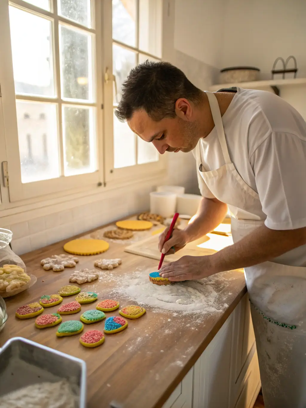 A close-up shot of a group of people decorating gingerbread cookies with colorful icing and sprinkles during a Christmas-themed baking workshop, emphasizing the festive atmosphere and intricate designs.