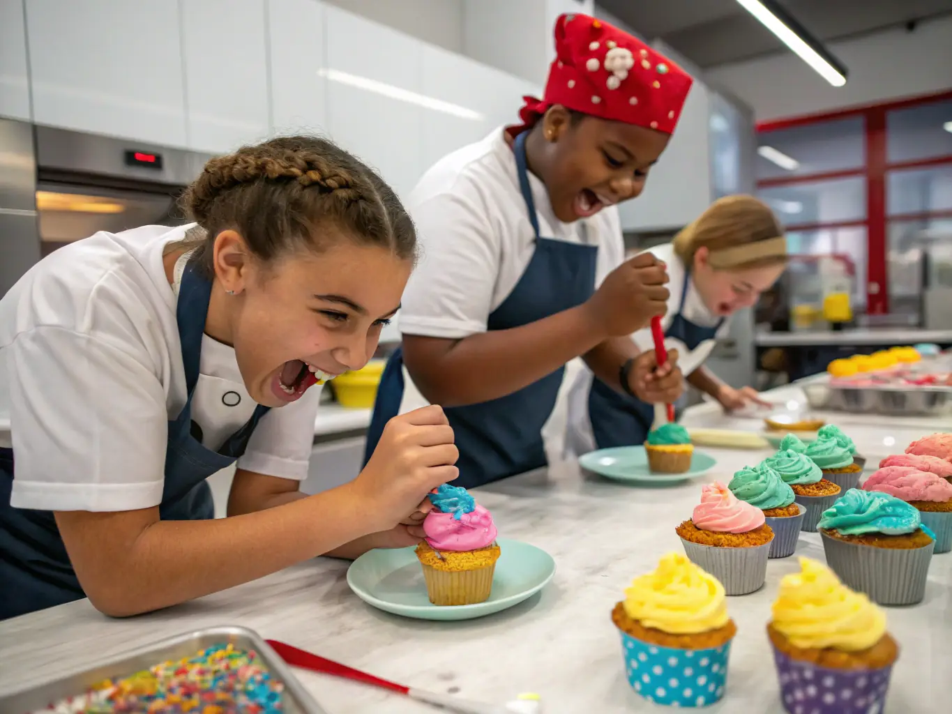 A group of participants laughing and enjoying themselves while decorating cupcakes with colorful frosting and sprinkles during a fun and interactive baking workshop. The scene captures the joy and camaraderie of learning together.