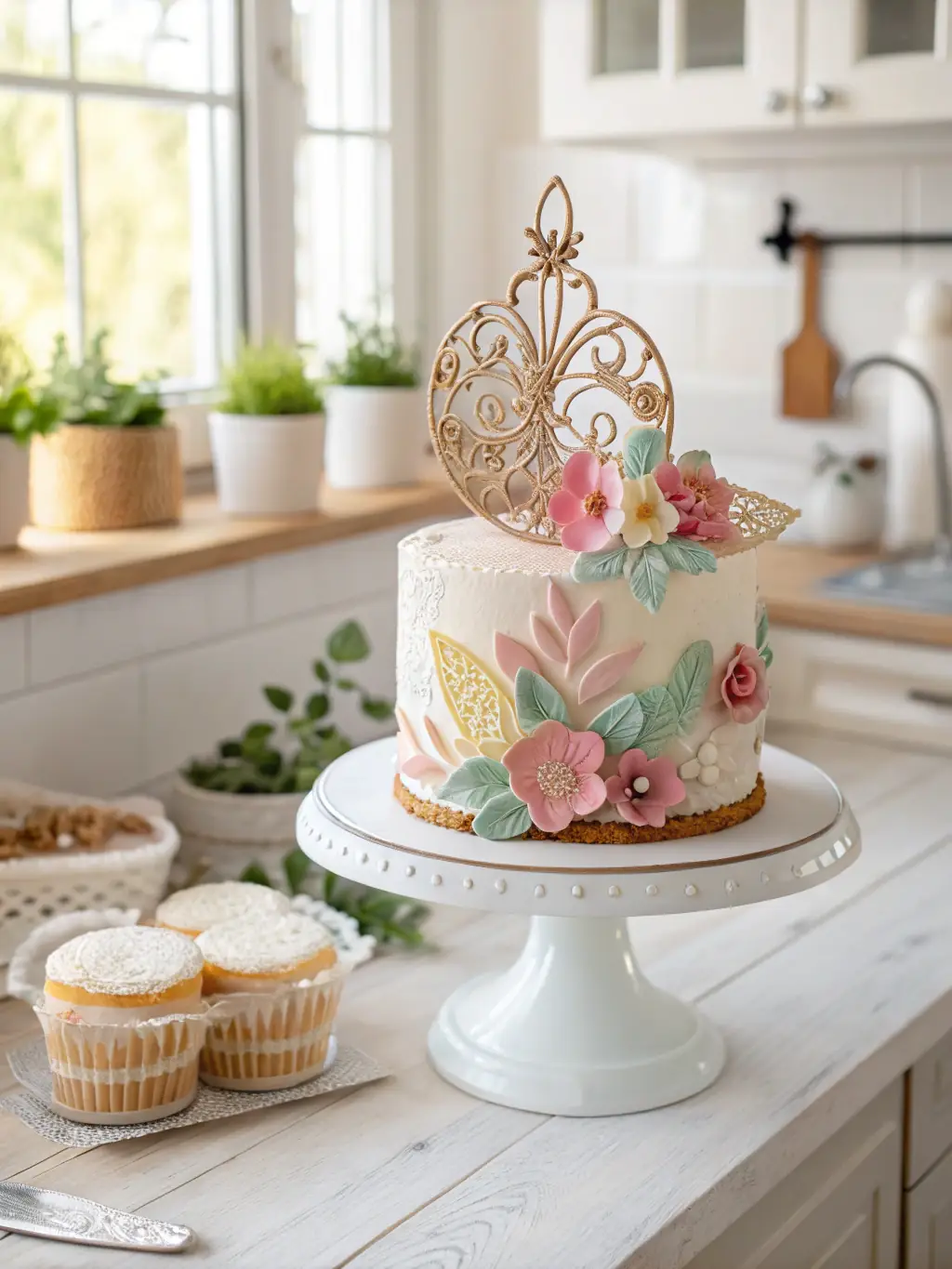 A beautifully decorated cake with intricate frosting and edible flowers, sitting on a cake stand, highlighting the skills taught in cake decorating courses.