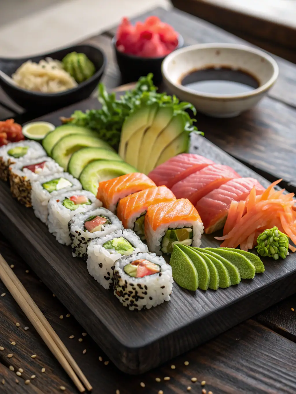 A vibrant image showcasing participants actively engaged in a sushi-making workshop, focusing on the precise arrangement of ingredients on nori sheets, set against a backdrop of fresh fish and bamboo rolling mats.