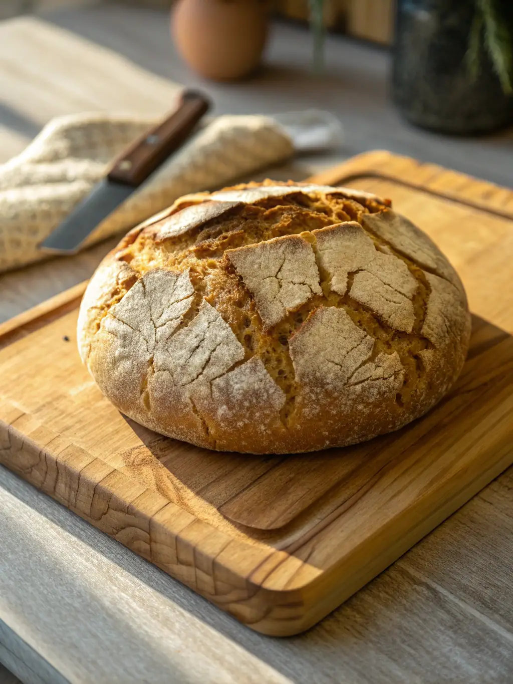 A rustic loaf of sourdough bread with a crispy crust, sitting next to a jar of homemade starter, emphasizing the traditional baking methods taught in the sourdough course.