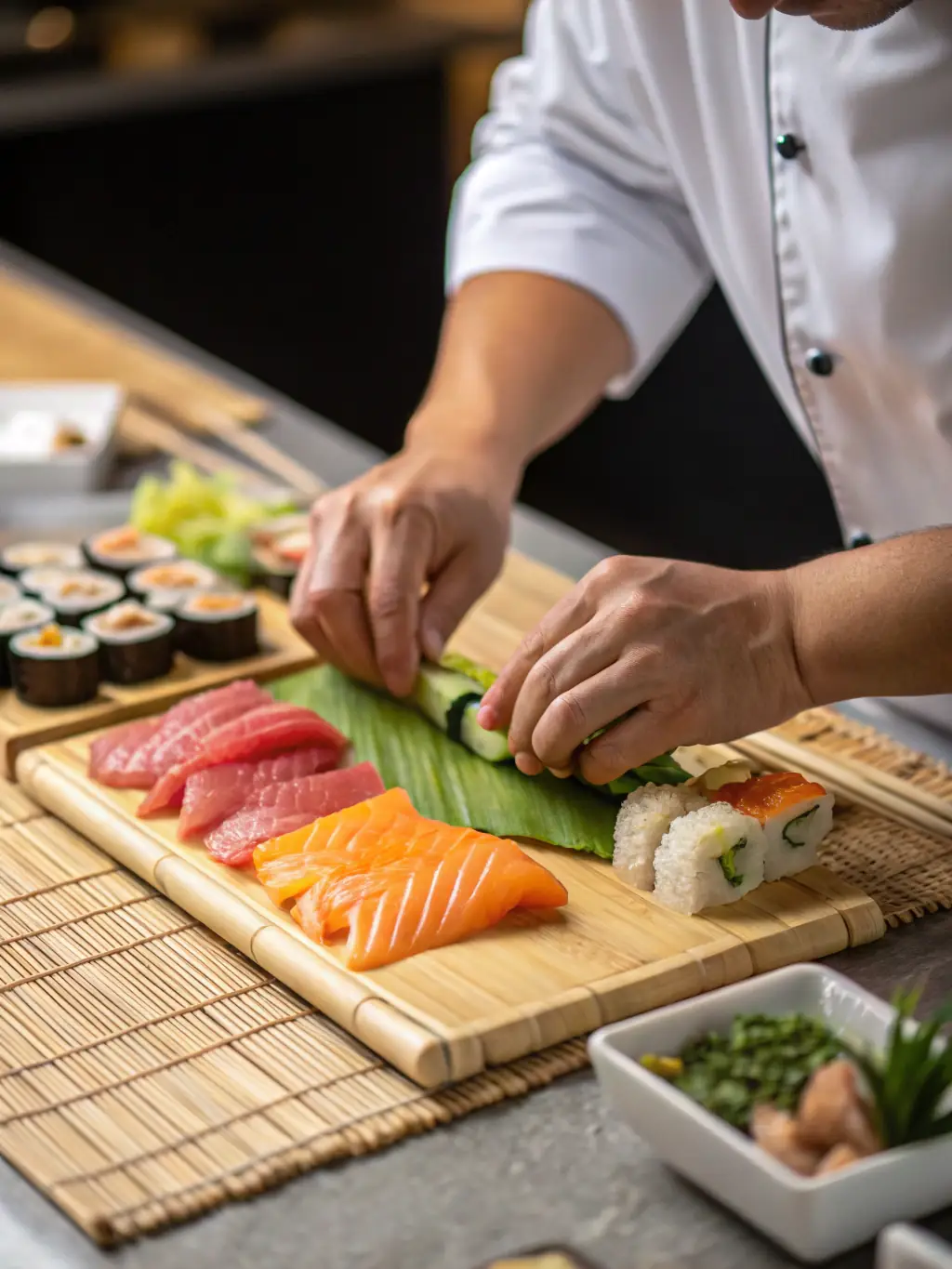 A close-up shot of a skilled chef demonstrating knife techniques during a sushi-making workshop, showcasing precision and artistry.