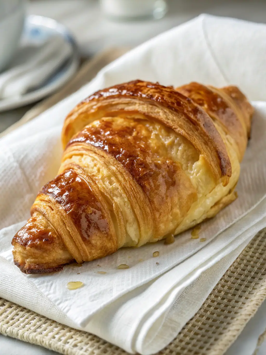 A close-up shot of a perfectly baked, golden-brown croissant on a wooden cutting board, dusted with powdered sugar, showcasing the flaky layers and inviting aroma.